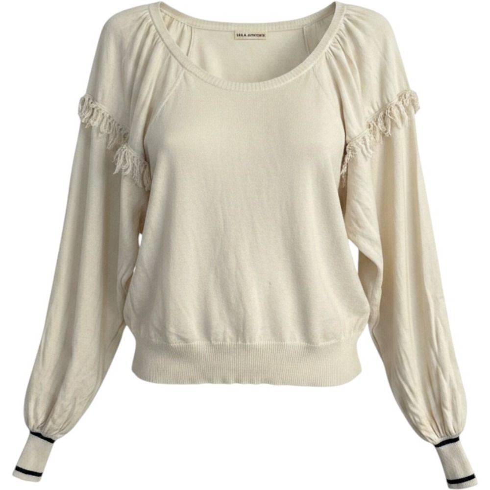 Ulla Johnson Ivory Fringe Puff Sleeve Scoop Neck Knit Sweater‎ Cream Womens M